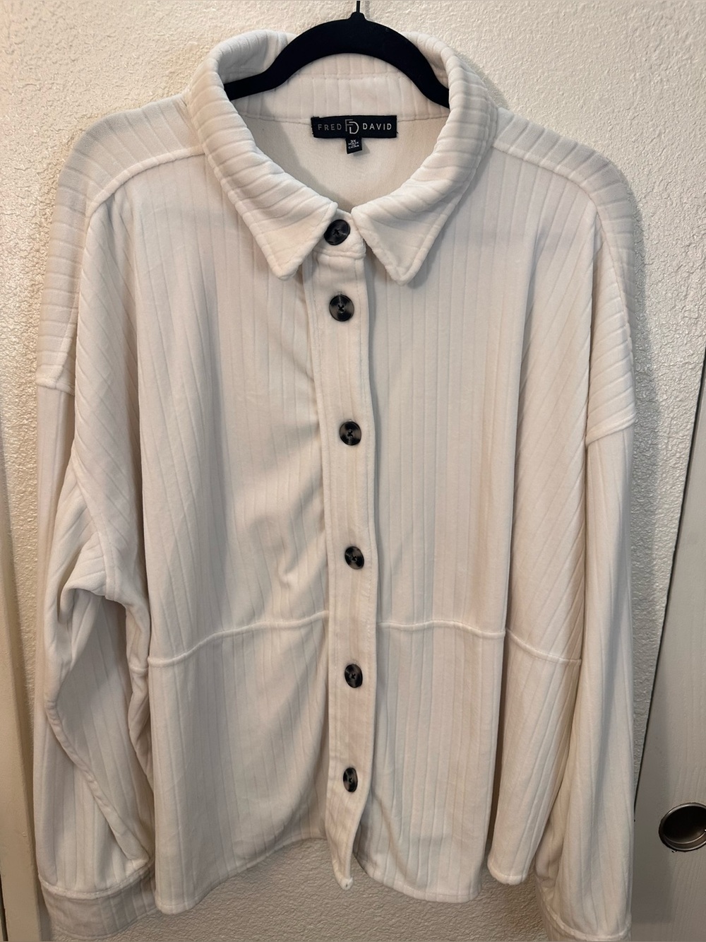 Fred David Ivory Ribbed Top with Dark Logo Tag